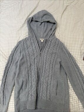 L.L. Bean women's Gray Cable-Knit Hooded Sweater - Zip Front
